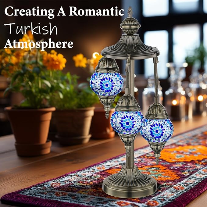 Marrakech Turkish Lamp 3 Globes Moroccan Table Lamp with Bronze Base, 23" Tall Handmade Blue Tiffany Mosaic Glass Night Light Fixture Including LED Bulb for Living Room Bedroom Decor
