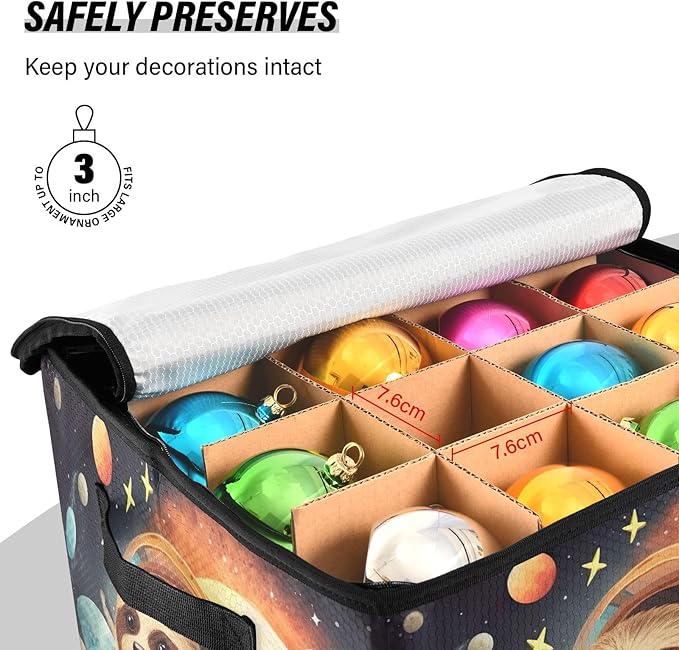 Kigai Sloth Christmas Ornament Storage Box with Zipper & Adjustable Dividers Holiday Ornament Organizer Xmas Storage Container, 64 Balls