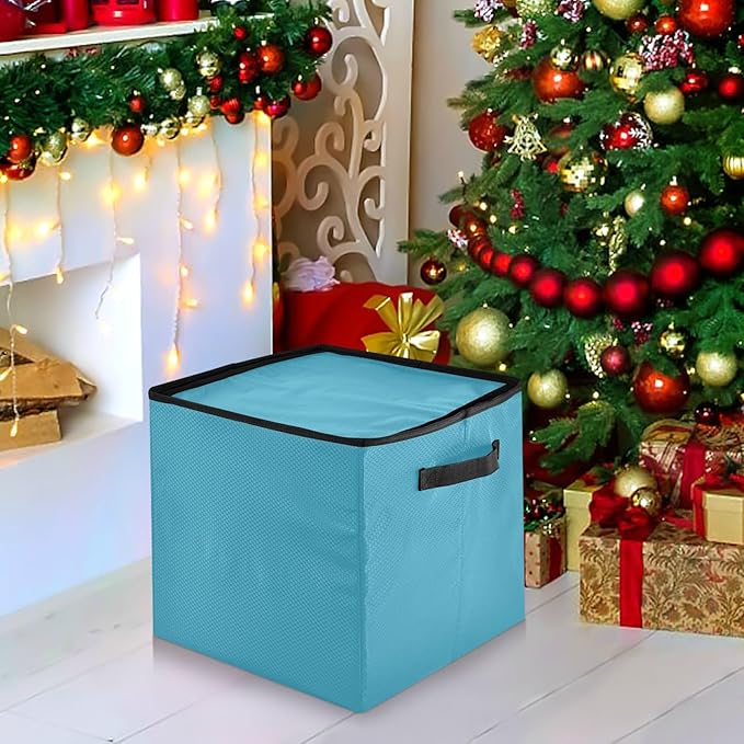 Blue Christmas Ornament Storage Basket Box Holiday Storage Container Cube with Adjustable Dividers for 64 Holiday Ornaments or Decorations Keeps Clean and Dry for Next Season