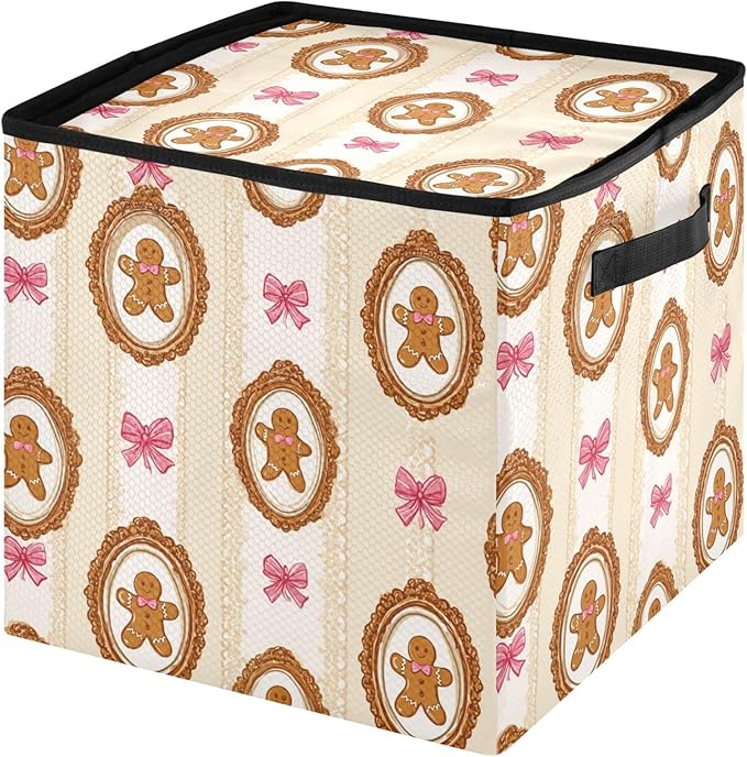 Gingerbread Man Christmas Ornament Storage Basket Box Candy Cane Winter Holiday Storage Container Cube with Adjustable Dividers for 64 Holiday Ornaments or Decorations Keeps Clean and Dry