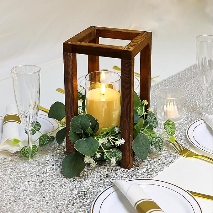 18 Pcs Wooden Lantern Centerpiece - Wedding Lantern with Eucalyptus Candles Wreaths LED Flameless Candles Rustic for Country Wedding Party Farmhouse Table Decor