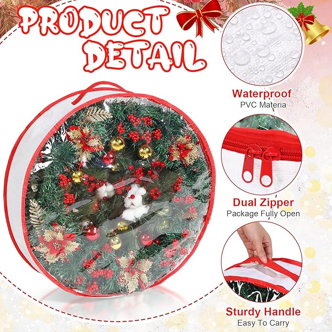 Aliceset 4 Pack Wreath Storage Containers, Ornament Garland Wreath Storage Bags with Handle Zipper Decorative Storages Box for Winter Valentine Wreaths(24 x 24 x 7.8 Inch,White)