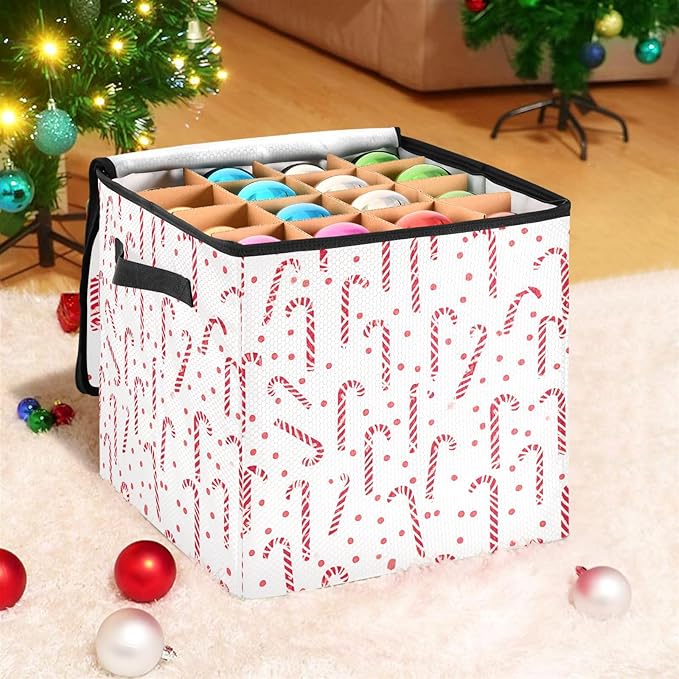 Christmas Ornament Storage Basket Box Red White Candy Cane Holiday Storage Container Cube with Adjustable Dividers for 64 Holiday Ornaments or Decorations Keeps Clean and Dry for Next Season