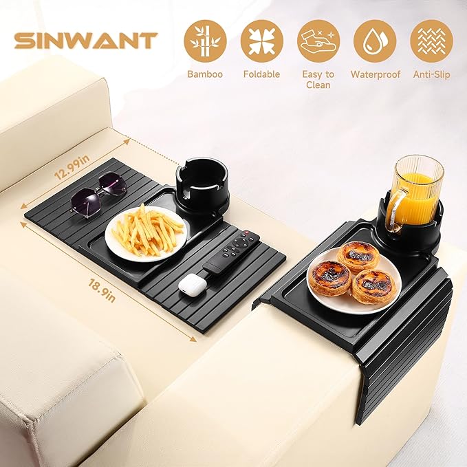 SINWANT Couch Cup Holder Tray,Foldable Sofa Arm Clip on Tray Table with 360° Rotation Cup Holder,Bamboo Anti-Slip Couch Armrest Table for Coffee Cup,Water Bottles,Mug,Snacks,Remote on Large Armrest