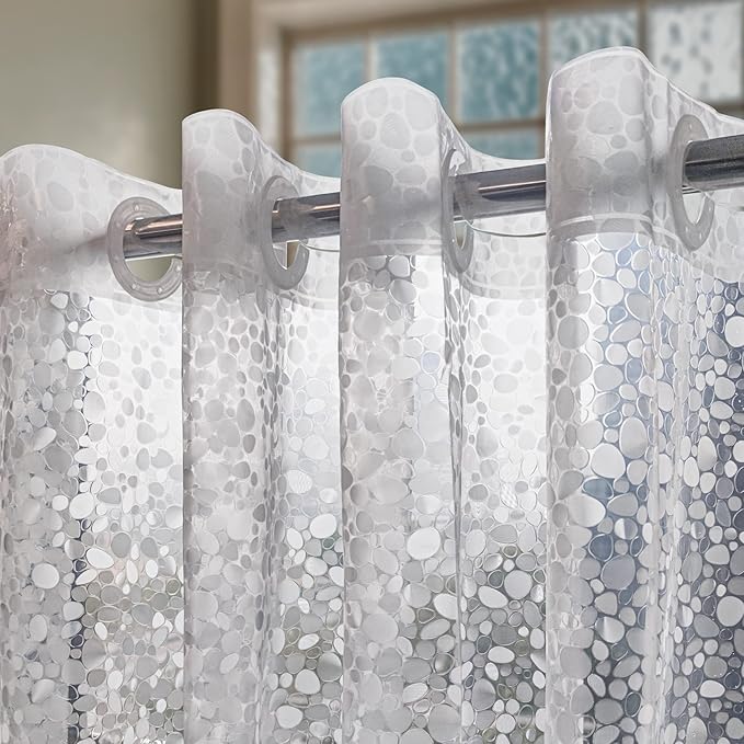 No Hook Shower Curtain or Liner - 8G Heavy Duty Cobblestone Bathroom Shower Curtain No Hooks Required, Waterproof Plastic & PVC Free, Standard Size 71 x 74, Pebble