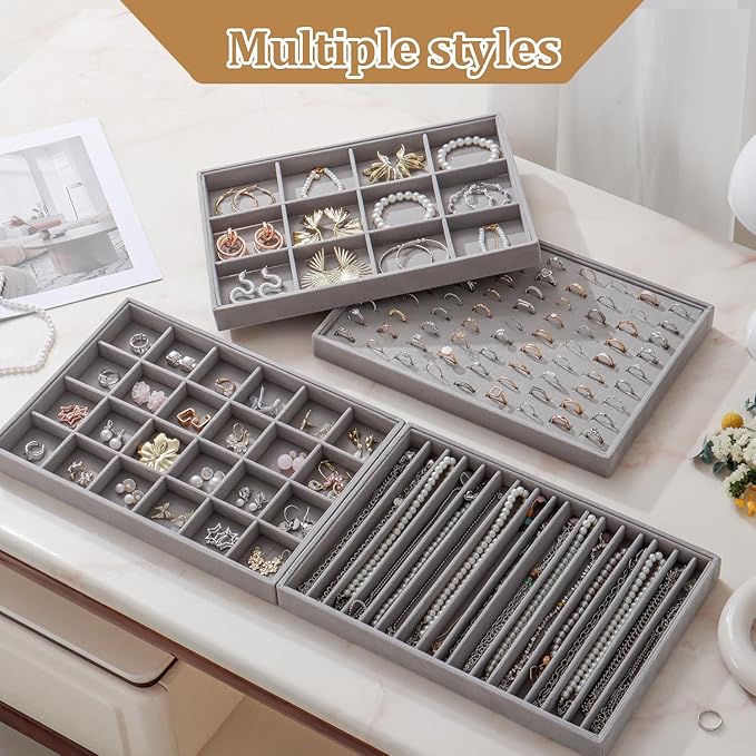Large Velvet Jewelry Tray 2 Pack Stackable Jewelry Display Drawer Inserts Trays Organizer for Earring Bracelet Necklace Ring (Gray, 24 Grids)