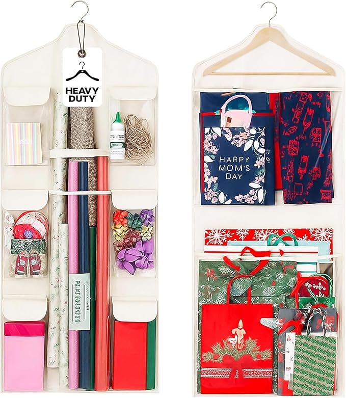 Wrapping Paper Organizer Storage – Double-Sided Hanging Gift Wrap Holder with Wooden Hanger – Over the Door or Closet Storage for Gift Bags with Pockets – For Christmas, Birthdays & Special Occasions.