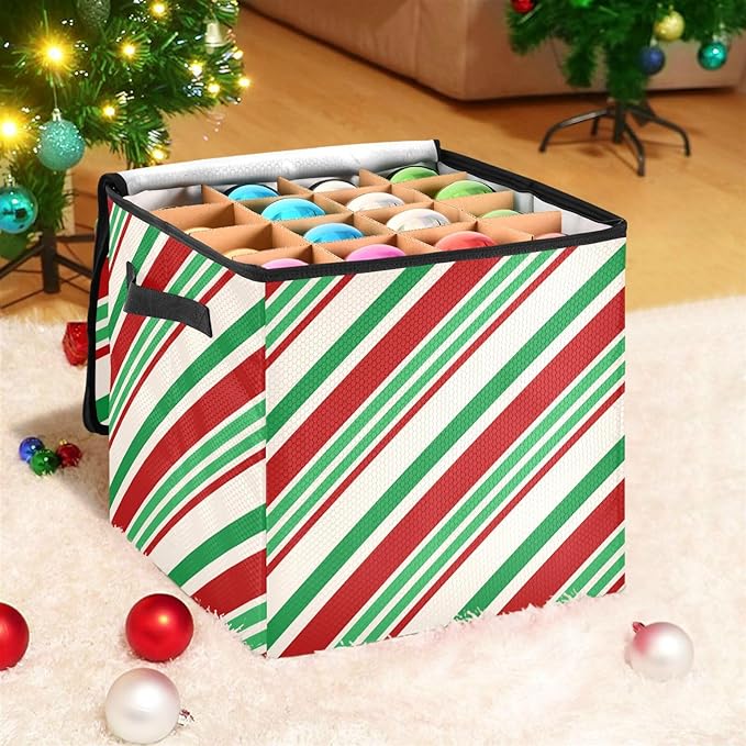 Candy Cane Christmas Ornament Storage Basket Box Green Red Stripe Winter Holiday Storage Container Cube with Adjustable Dividers for 64 Holiday Ornaments or Decorations Keeps Clean and Dry