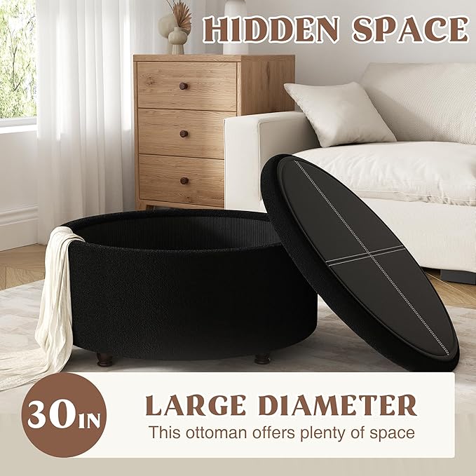 30 Inch Round Storage Ottoman,Modern Tufted Ottomans,Circular Coffee Table with Removable Top,Upholstered Large Ottoman with Storage Footrest Stool for Bedroom Living Room (Teddy Black)