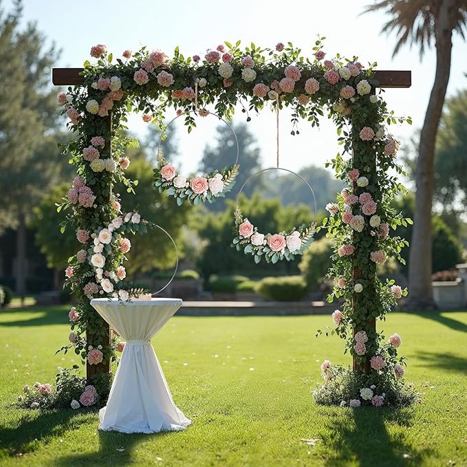 12Pcs 12 Inch Metal Floral Hoop Centerpiece With Stand for Table, Silver Center Pieces Decoration With Wood Base for DIY Wedding Decor Wall Hanging Crafts
