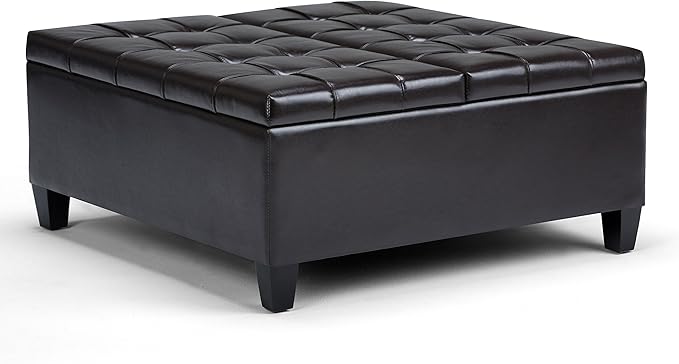 SIMPLIHOME Harrison Coffee Table Storage Ottoman - 36 inch Wide Upholstered Vegan Leather Square Lift-Top Ottoman in Tanners Brown, Transitional Ottoman for Living Room with Hidden Storage
