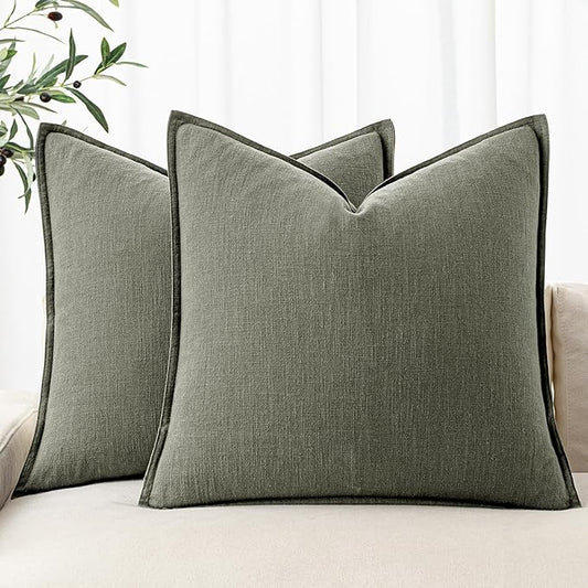 MIULEE Decorative Linen Euro Sham Pillow Covers 24x24 Inch Olive Green Boho Farmhouse Neutral Couch Throw Pillows for Bed Pack of 2 Accent Outdoor Pillowcase Modern Sofa Cushion Livingroom Home Decor