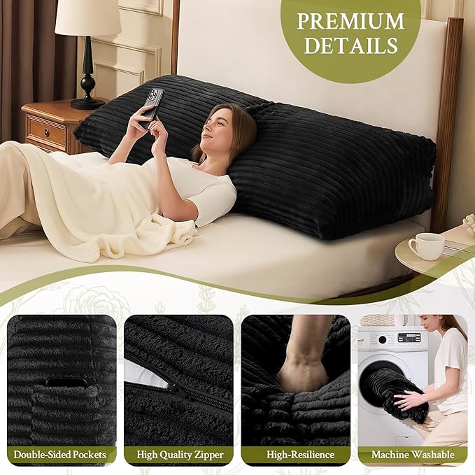 Headboard Pillow King, Headboard Wedge Pillow, Back Rest Pillows for Sitting, Reading, Working, Triangle Pillow with Removable Cover, Daybed Pillows for Bed Dorm Sofa, Black