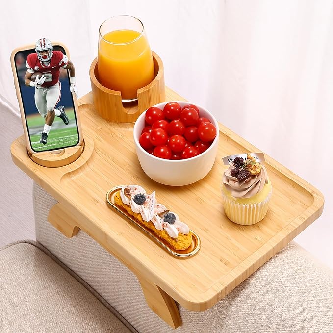 Couch Arm Table, 3-in-1 Sofa Armrest Tray with 360° Rotating Phone Holder & Cup Holder, Clip-On Armchair Side Table for Drinks, Snacks & Remote, Large 15.36" x 9.85" (Natural Bamboo)