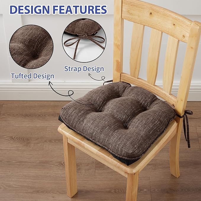 IPYNBAP Chair Cushions for Dining Chairs Set of 2, Kitchen Chair Cushions, Chair Pads with Ties and Non Slip Backing, Tufted Memory Foam Seat Cushion 2 Pack, 15.5" x 15.5" x 4", Brown