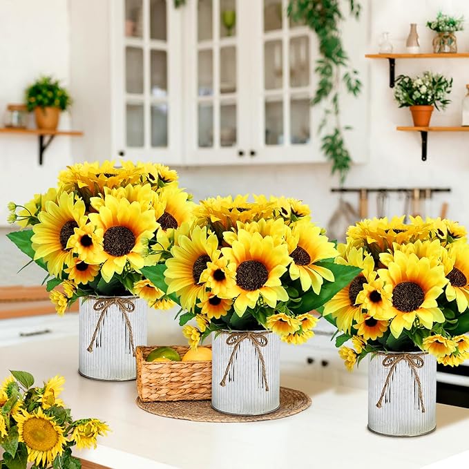 Artificial Sunflower Table Centerpieces - Set of 6 Faux Spring Summer Sunflowers Arrangements with Rustic Metal Vase for Kitchen Office Bathroom Home Farmhouse Wedding Party Decorations
