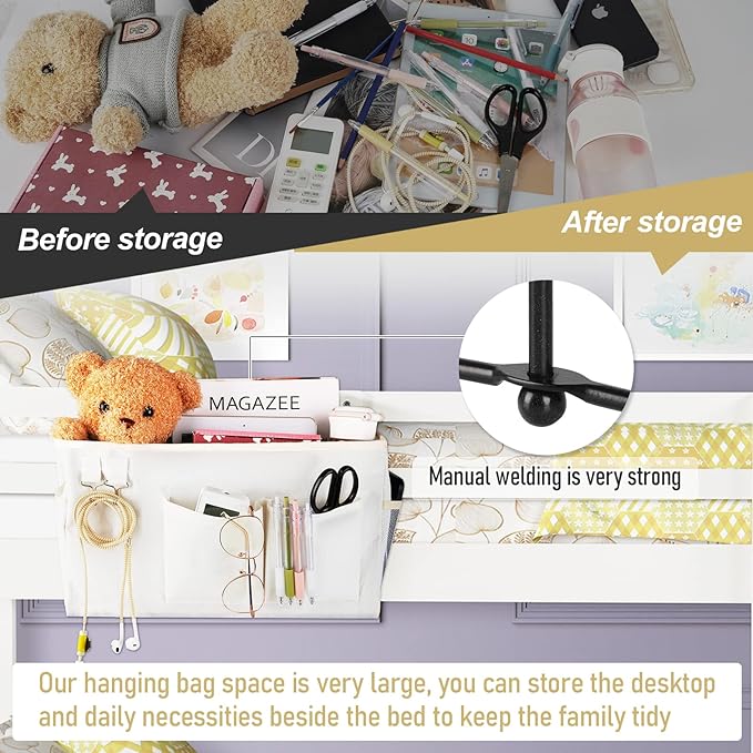 Bedside Caddy Bedside Organizer Hanging Storage Bag for Bunk College Dorm Bed and Hospital Beds with Magazine Water Bottle Phone Holder (White)