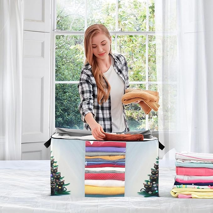 Burbuja Christmas Tree Clothes Storage Bag with Lids and Handle, 2 Pack Foldable Blanket Storage Container with Sturdy Zipper & Clear Window for Bedroom Closet, 60L