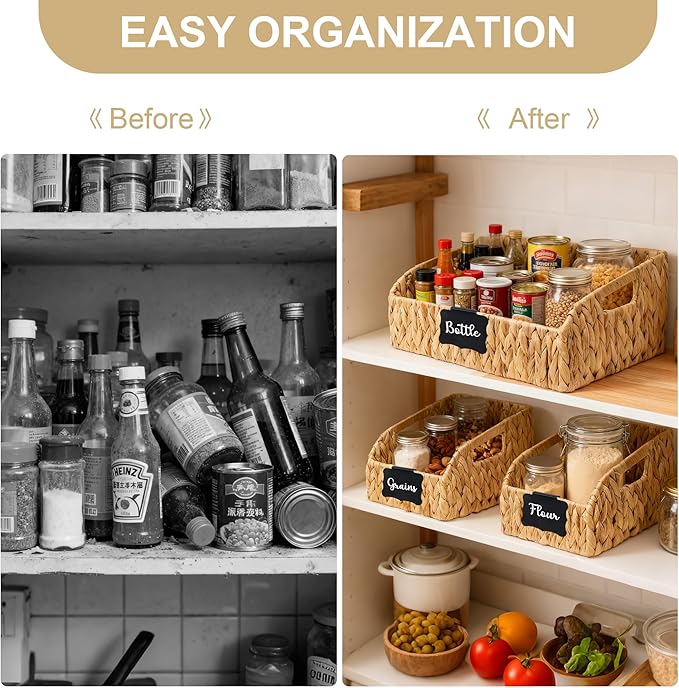 Wicker Baskets for Organizing, Pantry Baskets with Built-in Handles, Handwoven Labeled Wicker Storage Basket, Water Hyacinth Storage Bins for Shelves, 3 Pack, Natural - 2 Set