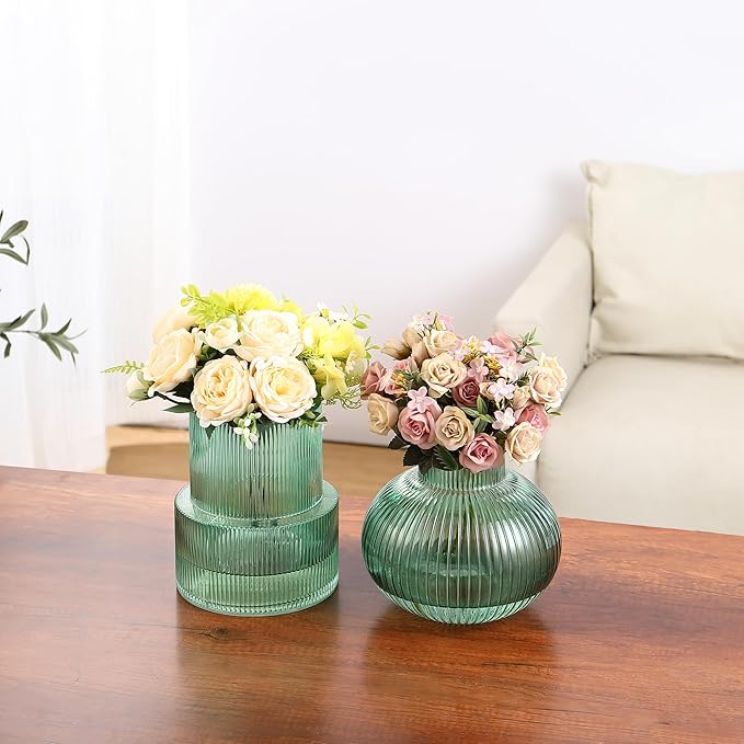 Ribbed Glass Vases, Set of 2 Fluted Vases for Flowers, Green Glass Vase for Tulips, Modern Vase for Living Room, Kitchen, Office, Entryway, Mantle, Bookshelf, Wedding Gifts, Birthday
