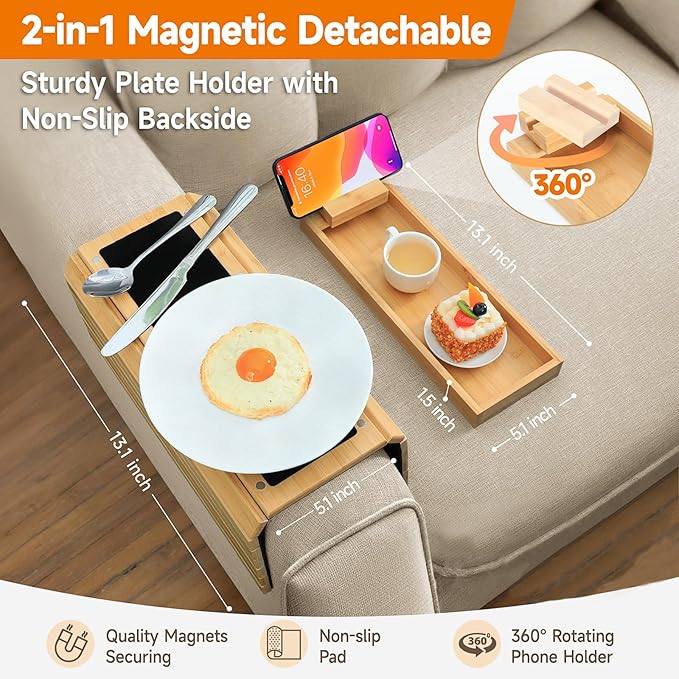 Bamboo Sofa Arm Tray – 2-in-1 Magnetic Detachable Couch Cup Holder & Armrest Table with Anti-Slip Pad, Convenient Tray for Drinks, Snacks & More,Natural
