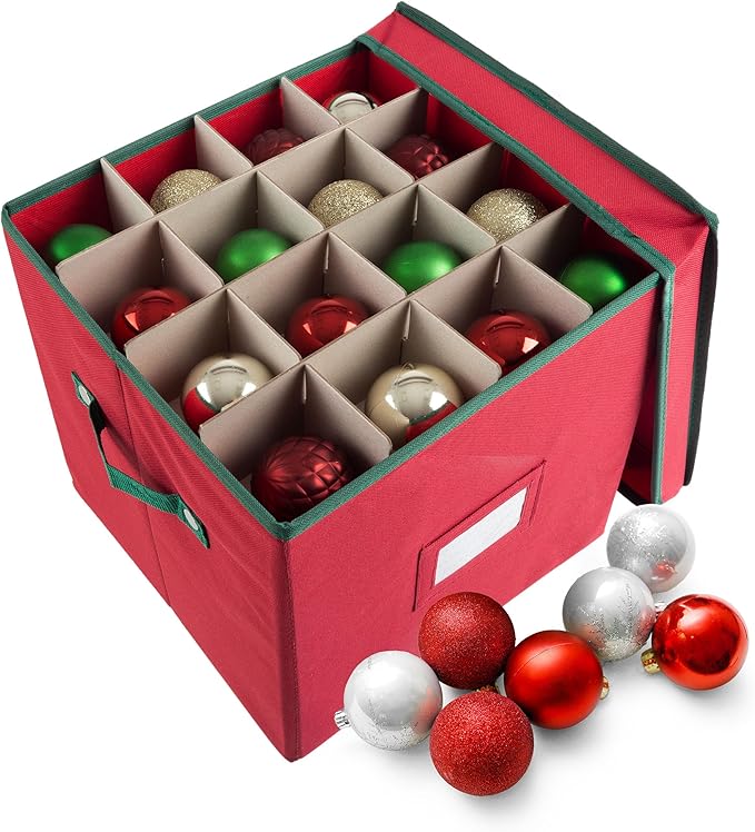 Elf Stor Christmas Box with Adjustable Dividers and Lid Ornaments Storage, Red (Pack of 4)