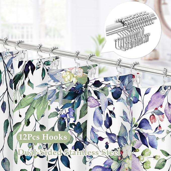 Gibelle 3 in 1 Shower Curtain Set, 72x72 Green Eucalyptus Bath Curtain and PEVA Liner Set with 12 Metal Hooks, Waterproof Fabric Bathroom Curtain