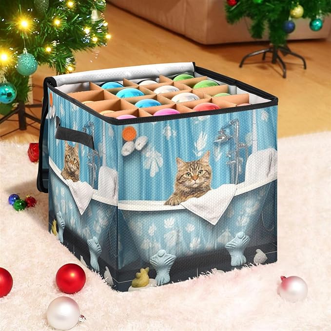 Kigai Bathroom Cat Christmas Ornament Storage Box with Zipper & Adjustable Dividers Holiday Ornament Organizer Xmas Storage Container, 64 Balls