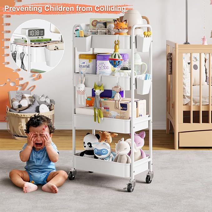 4 Tier Rolling Cart Metal with Wheels, White Four Tiered Rolling Storage Cart on Wheels, Utility Roller Carts Organizer for Art, Craft, Baby Diaper Caddy, Snack, Book, Large-Capacity Shelving Units