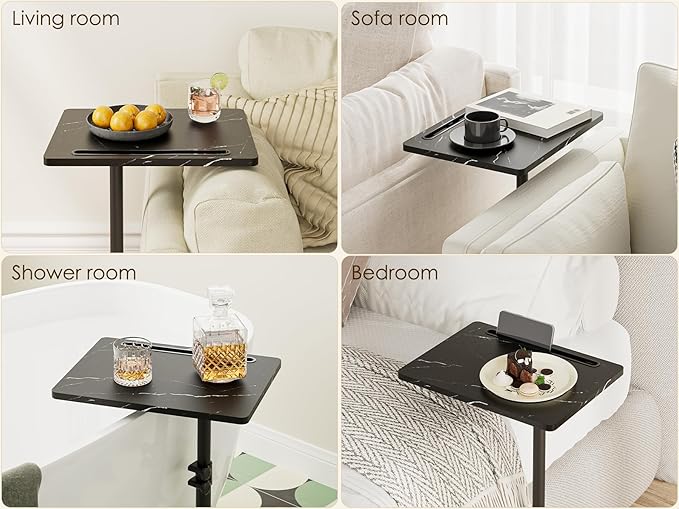 Masupu Sofa Arm Tray Table - 360° Swivel Height Adjustable End Table, Small Snack Side Table for Couch, C Shaped Table for Bed, Chair or TV Tray Table(Marble Black)