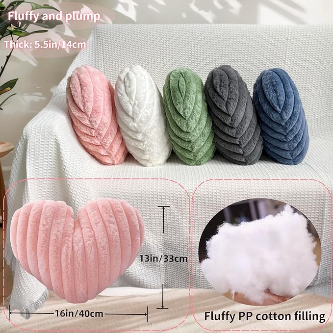 16 Inch Heart Pillow Cute Soft Decorative Throw Pillows, Heart Shaped Fluffy Faux Fur Pillows Cushions for Couch Sofa Bed Bedroom Room Home Decor Aesthetic (2, Pink, Medium-16 x13)