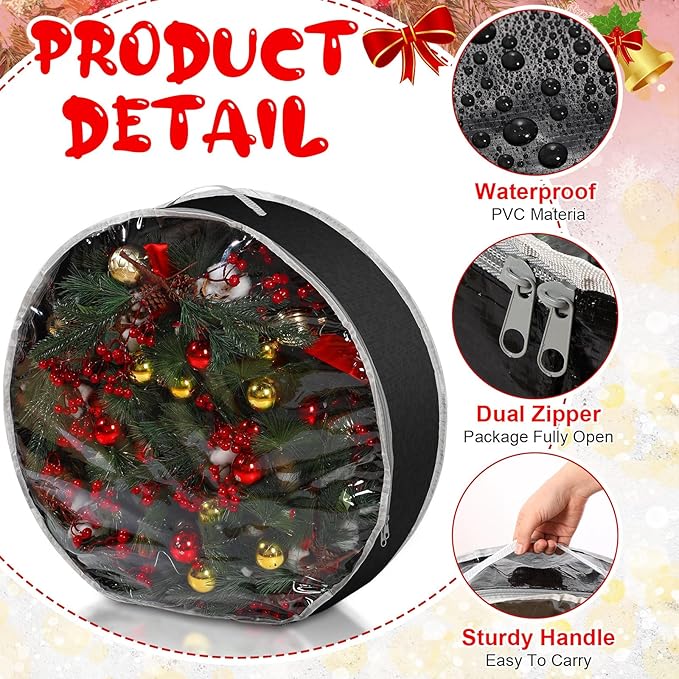 Aliceset 4 Pack Wreath Storage Containers, Ornament Garland Wreath Storage Bags with Handle Zipper Decorative Storages Box for Winter Valentine Wreaths(36 x 36 x 7.8 Inch,Black)
