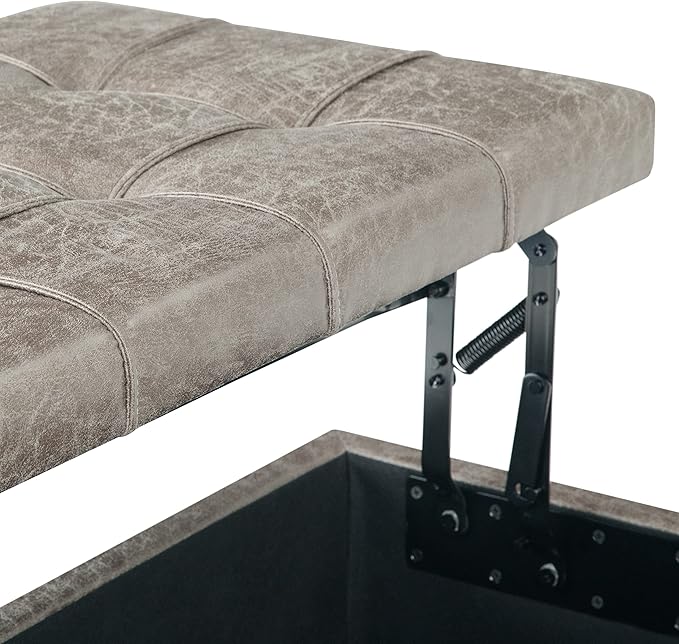 SIMPLIHOME Harrison Coffee Table Storage Ottoman - 36 inch Wide Upholstered Vegan Leather Square Lift-Top Ottoman in Distressed Grey Taupe, Transitional Ottoman for Living Room with Storage