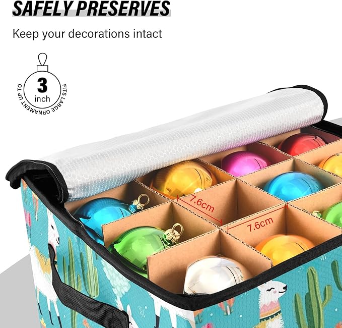 Kigai Alpaca Christmas Ornament Storage Box with Zipper & Adjustable Dividers Holiday Ornament Organizer Xmas Storage Container, 64 Balls
