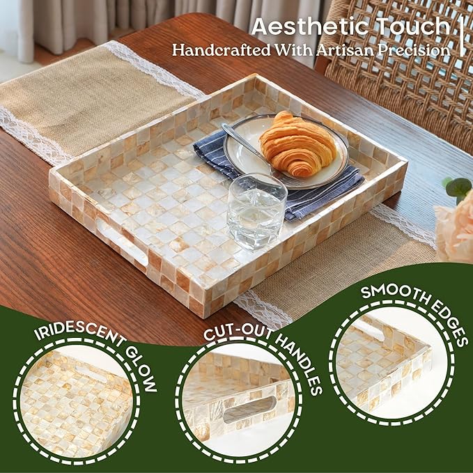 CHI AN HOME Decorative Checkered Tray with Handles, Handmade Tray with Natural Capiz Shells, Serving Tray for Ottoman, Coffee Table, Kitchen Counter Home Decor (Ivory, 15.8" x 11")