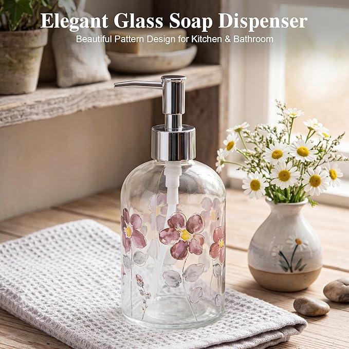 17oz Glass Soap Dispenser with Plastic Pump for Kitchen and Bathroom, Refillable Liquid Clear Bottle for Dish Soap & Hand Soap(Flower)