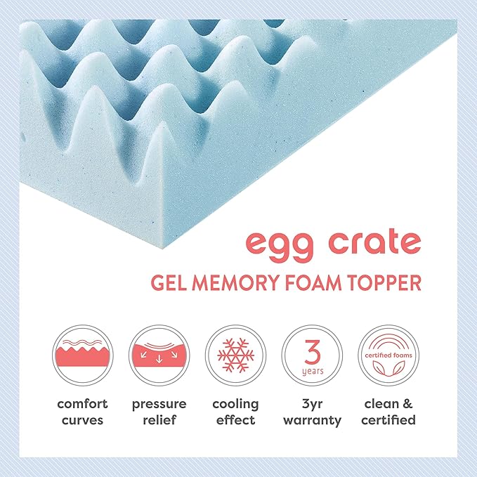 Best Price Mattress 4 Inch Egg Crate Memory Foam Mattress Topper with Cooling Gel Infusion, CertiPUR-US Certified, Dorm Essentials, Short Queen, Light Blue