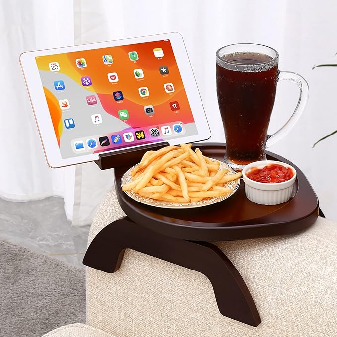 SINWANT Couch Arm Table, Bamboo Round Sofa Clip on Tray with 360° Phone Holder,Foldable Couch Armrest Table Eating on Chair Recliner for Snack Drink