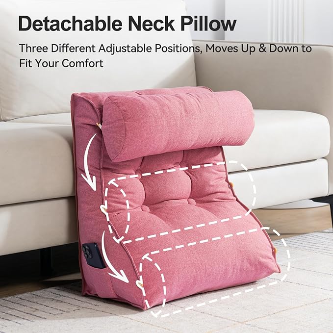 23" H Bed Wedge Reading Pillow with Adjustable Headrest, Reading Pillow for Sitting in Bed Couch Adult Backrest Pillow for Neck Back Lumbar Support with Removable Washable Cover Magenta