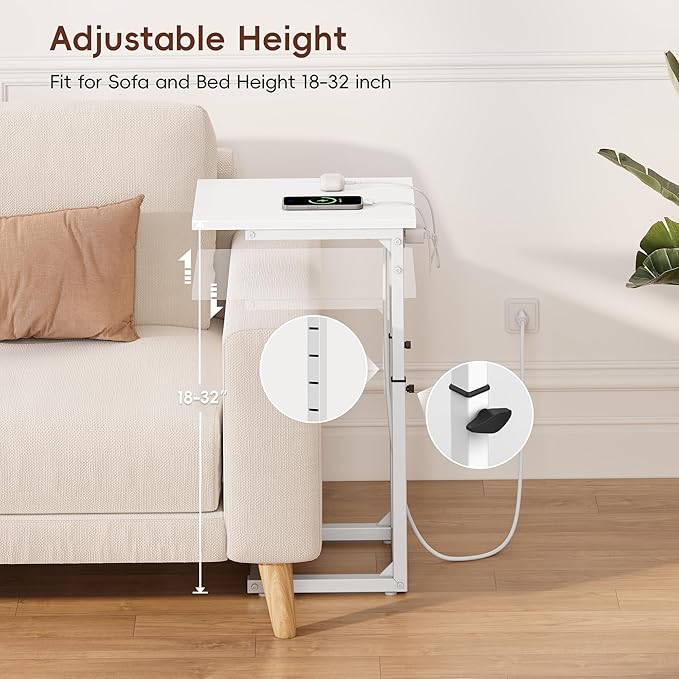 Vagusicc C Shaped End Table with Charging Station, C Table End Table Adjustable Height Sofa Table, Side Table for Couch, Couch Table That Slide Under, TV Tray Arm Table for Living Room,Bedroom, White