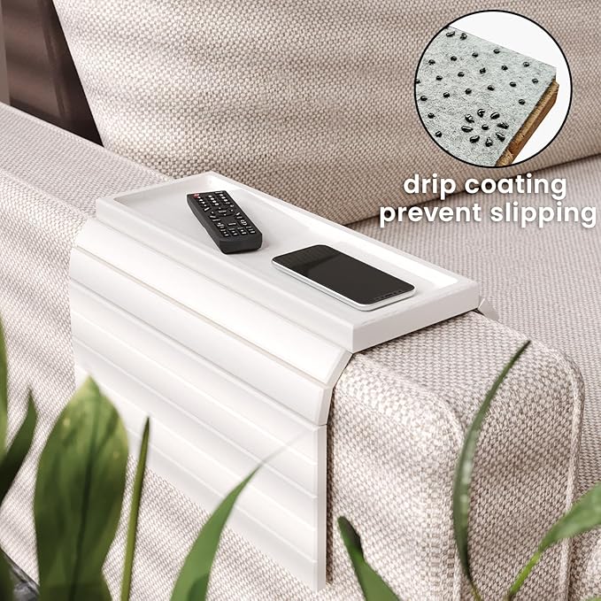 Sofa Arm Tray,Bamboo Folding Couch Arm Tray,Sofa Armrest Trays with Anti-Slip Pad for Drinks,Snacks,Phone,Remote Control（White）