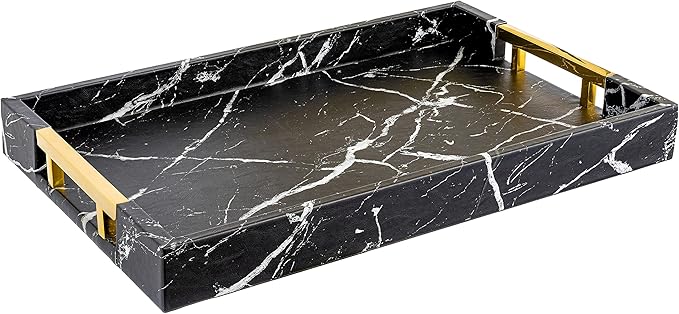 Home Redefined Modern Elegant 17.5"x12" Rectangle Black Marble Faux Leather Decorative Tray Ottoman Coffee Table Perfume Living Room Kitchen Serving Tray with Gold Polished Handles for All Occasion's