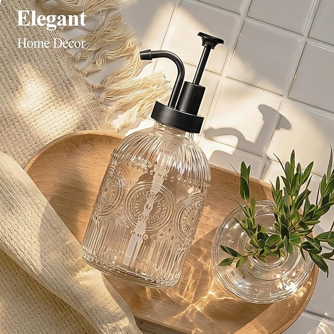 SheeChung 12Oz Vintage Glass Bathroom Soap Dispenser, Kitchen Dish Soap Dispenser with Pump, Refillable Liquid Hand Soap Bottle, Lotion, Antique Rustic Farmhouse Decor (Clear-Black Pump, 1 Pack)