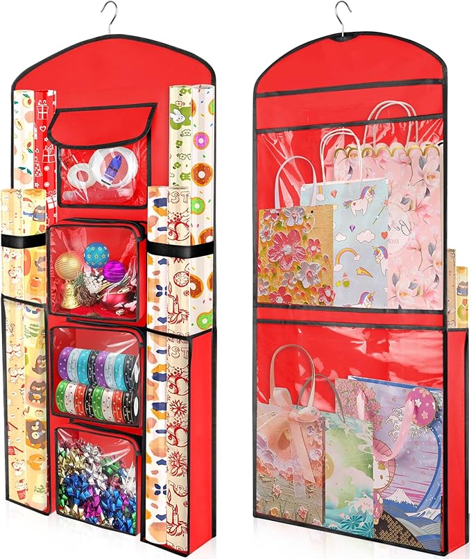 Woodoulogy Hanging Gift Wrapping Paper Storage, 40"X17" Red Double-Sided Christmas Wrapper Bag Container, Oxford Craft Roll Organizer, Present Wrap Holder for Bedroom Closet, Door, Cabinet