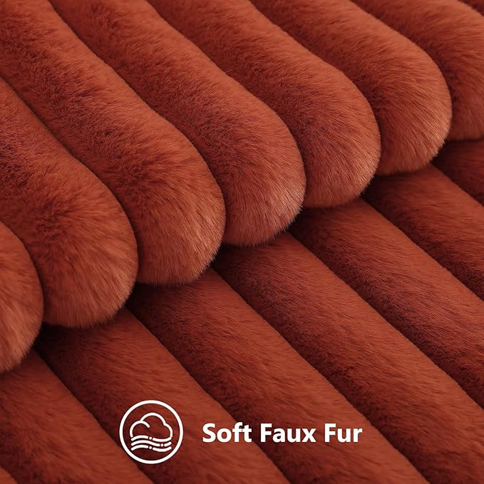 decorUhome Cozy Faux Fur Throw Pillow Covers 16x16 Set of 2 Decorative Soft Plush Striped Modern Farmhouse Boho Couch Pillow Cases with Velvet Back for Sofa Bed Living Room, Rust