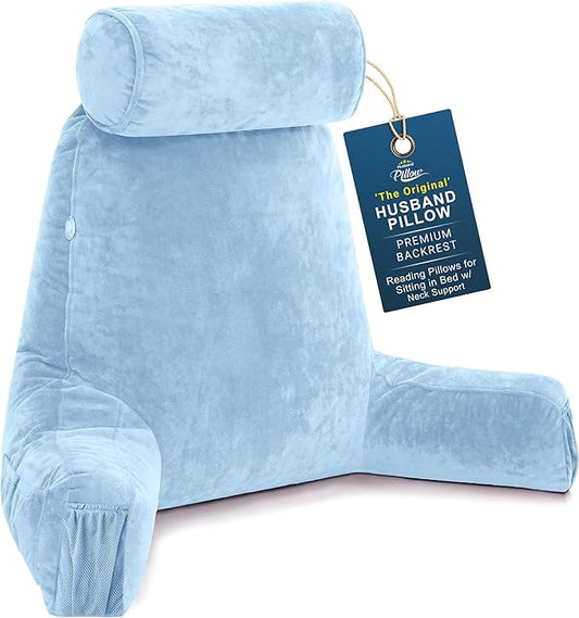 Husband Pillow Medium Reading Pillow with Arms - 23" Backrest for Sitting Up in Bed - Firm Support Bed Rest Pillow for Adults, Neck Roll, Removable Cover - TV, Reading, Lounging - Sky Blue