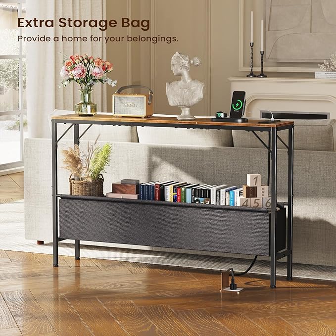 Asgolion Narrow Console Table, 47.2" Long Entryway Table with Storage & Power Outlets, Hallway Table, Mordern Industrial Sofa Tables for Living Room, Bedroom, Foyer, Office, Anti-tip Kit, Rustic Brown