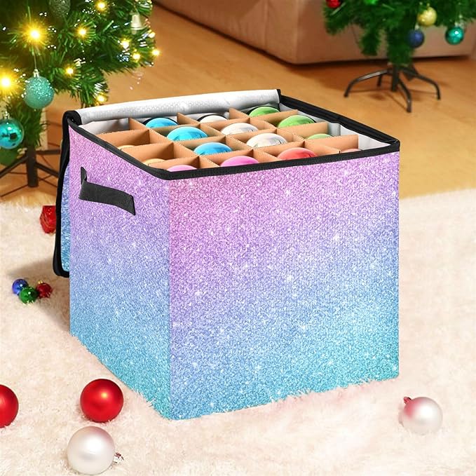 Pink Purple Christmas Ornament Storage Basket Box Winter Xmas Holiday Storage Container Cube with Adjustable Dividers for 64 Holiday Ornaments or Decorations Keeps Clean and Dry for Next Season
