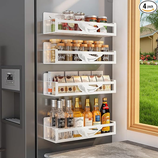 Magnetic Spice Rack for Refrigerator, 4-Pack Metal Seasoning Organizer for Kitchen Storage Organization, Space Saving Magnetic Shelf for Fridge, Pantry, Laundry Room, White