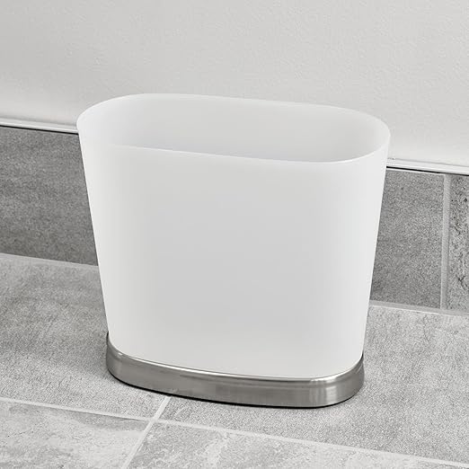 iDesign Slim Bathroom Trash Can, Small Plastic Garbage Can for Bedroom, Office, Desk, or Dorm, Frost/Brushed Nickel